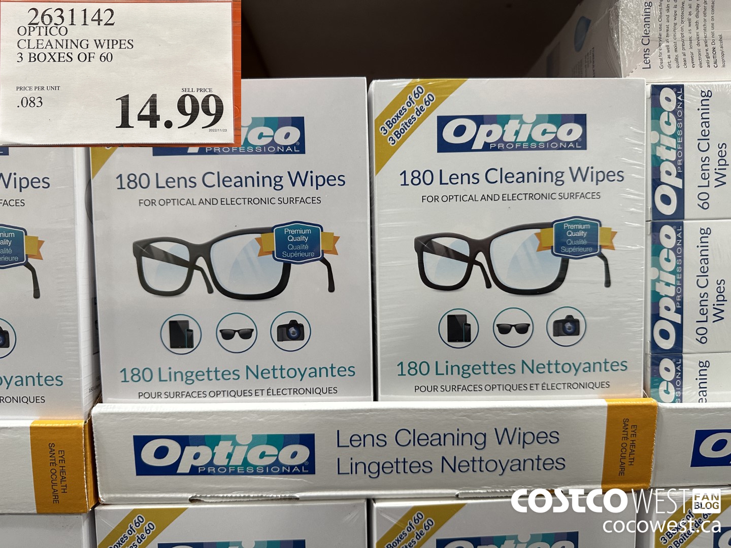 2631142 OPTICO CLEANING WIPES 3 BOXES OF 60 $14.99