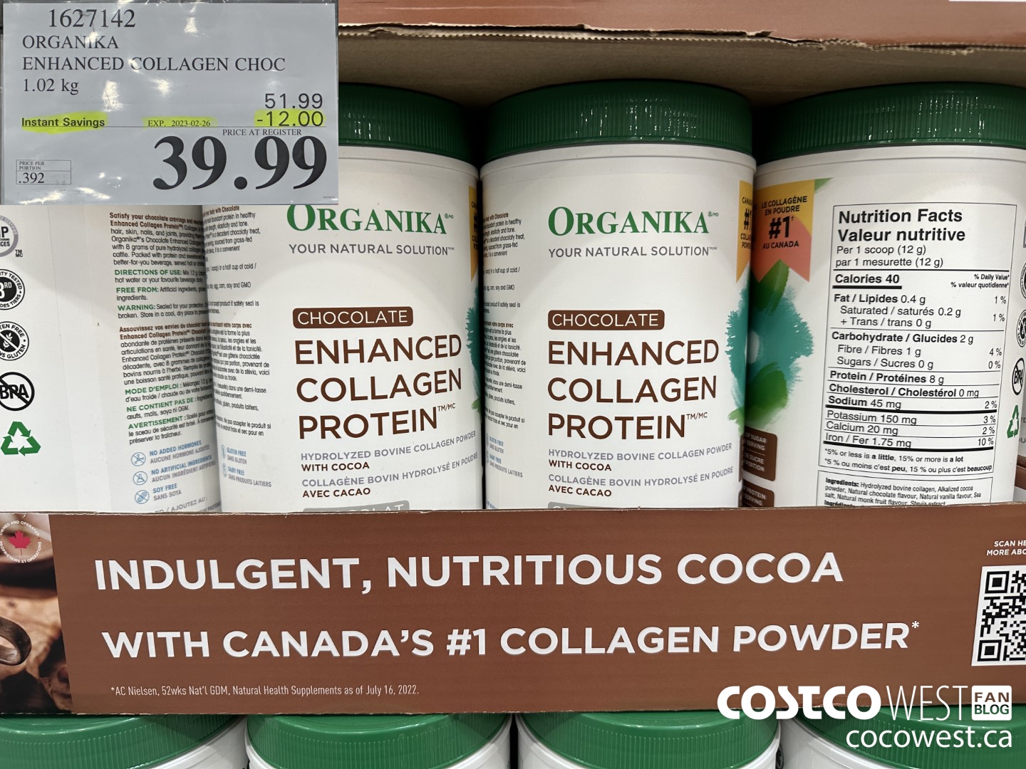 1627142 ORGANIKA ENHANCED COLLAGEN CHOC 1.02 KG ($12.00 INSTANT SAVINGS EXPIRES ON 2023-02-26) $39.99