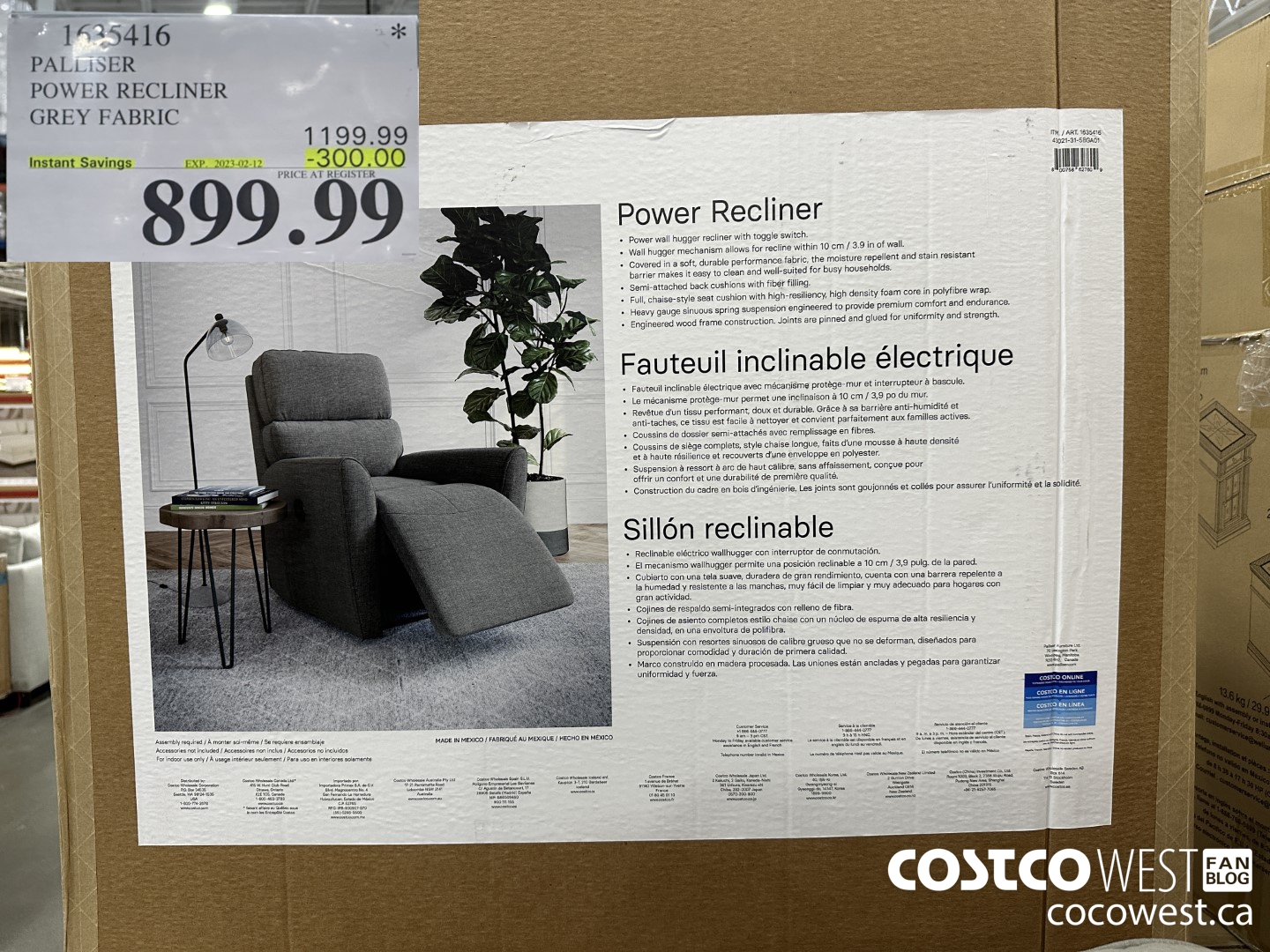 Costco Winter 2023 Seasonal Superpost Furniture Garden BBQ   PALLISER POWER RECLINER GREY FABRIC 20230206 115293 