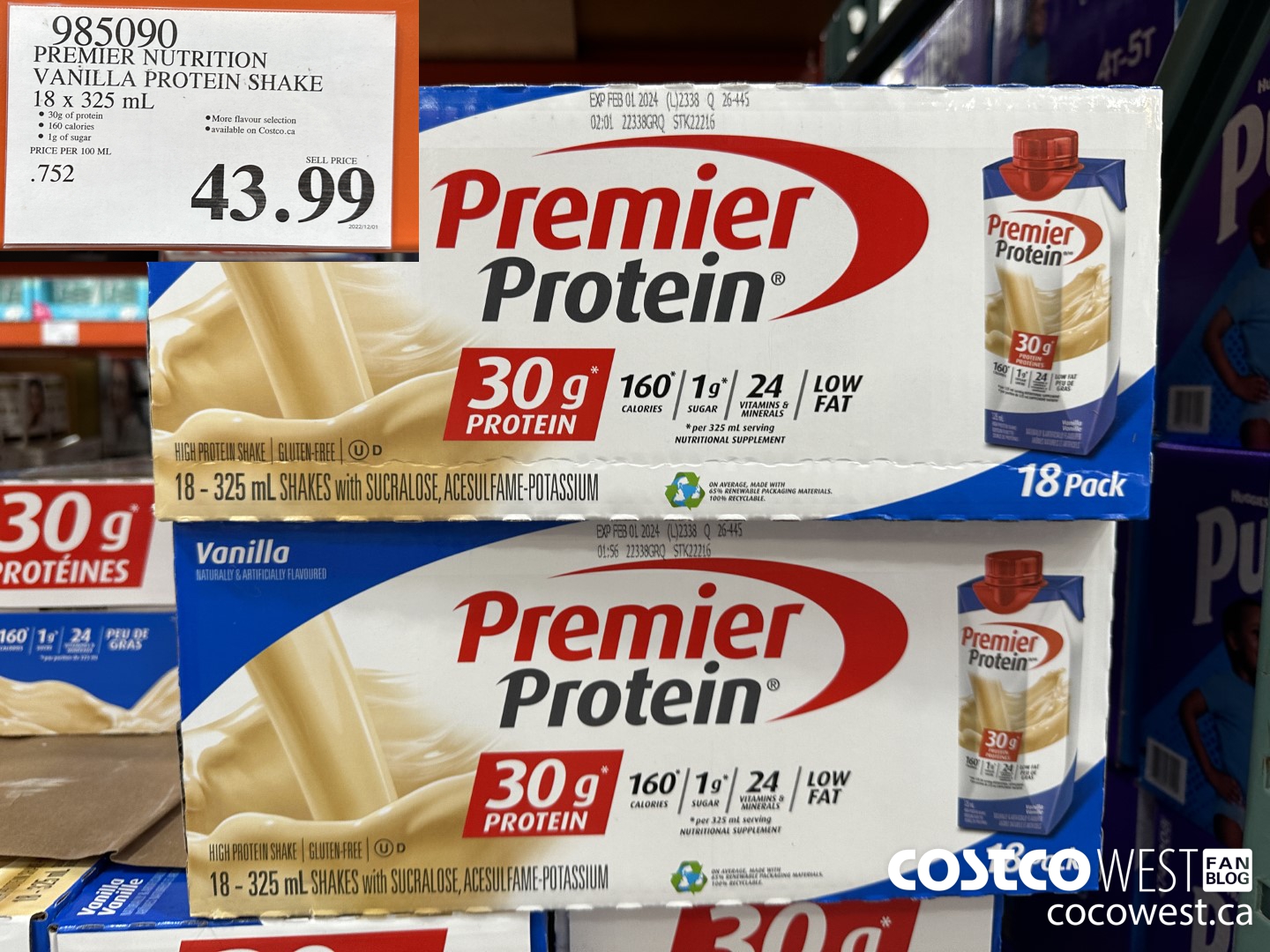 985090 PREMIER NUTRITION VANILLA PROTEIN SHAKE 18 X 325 ML $43.99