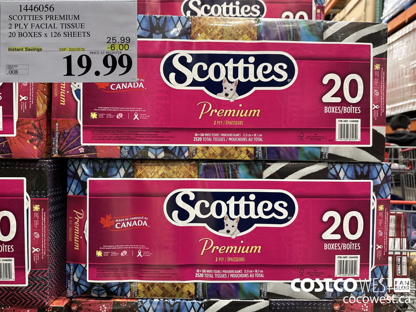 1446056 SCOTTIES PREMIUM 2 PLY FACIAL TISSUE 20 BOXES x 126 SHEETS ($6.00 INSTANT SAVINGS EXPIRES ON 2023-02-26) $19.99