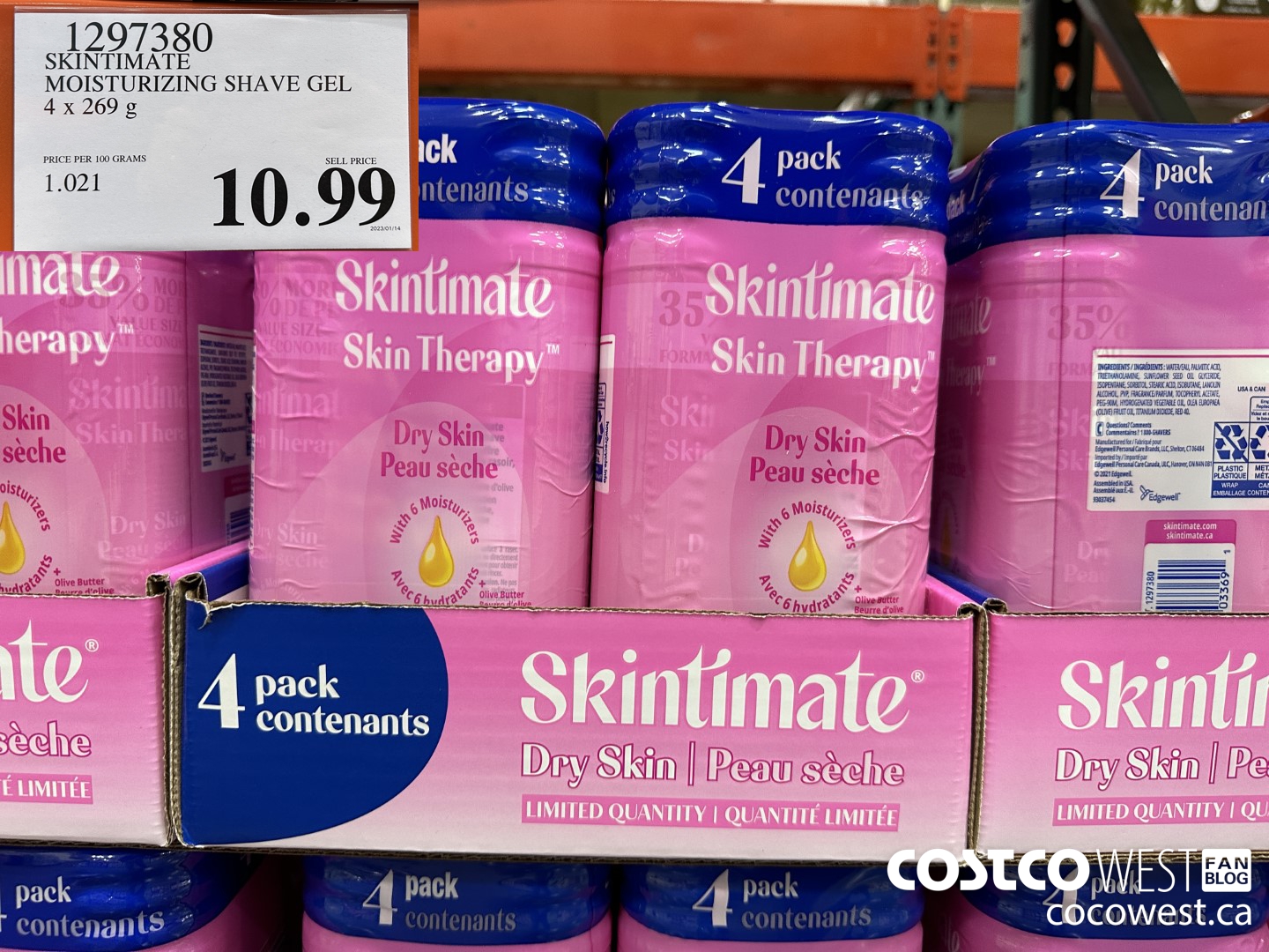 1297380 SKINTIMATE MOISTURIZING SHAVE GEL 4 X 269 G $10.99