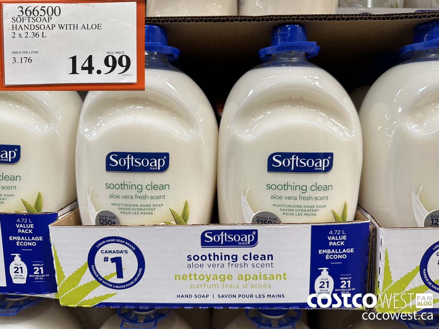 366500 SOFTSOAP HANDSOAP WITH ALOE 2 X 2.36L $14.99