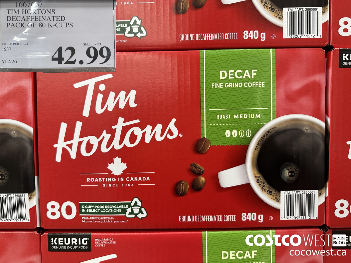 1667667 TIM HORTONS DECAFFEINATED K-CUPS 80 COUNT $42.99
