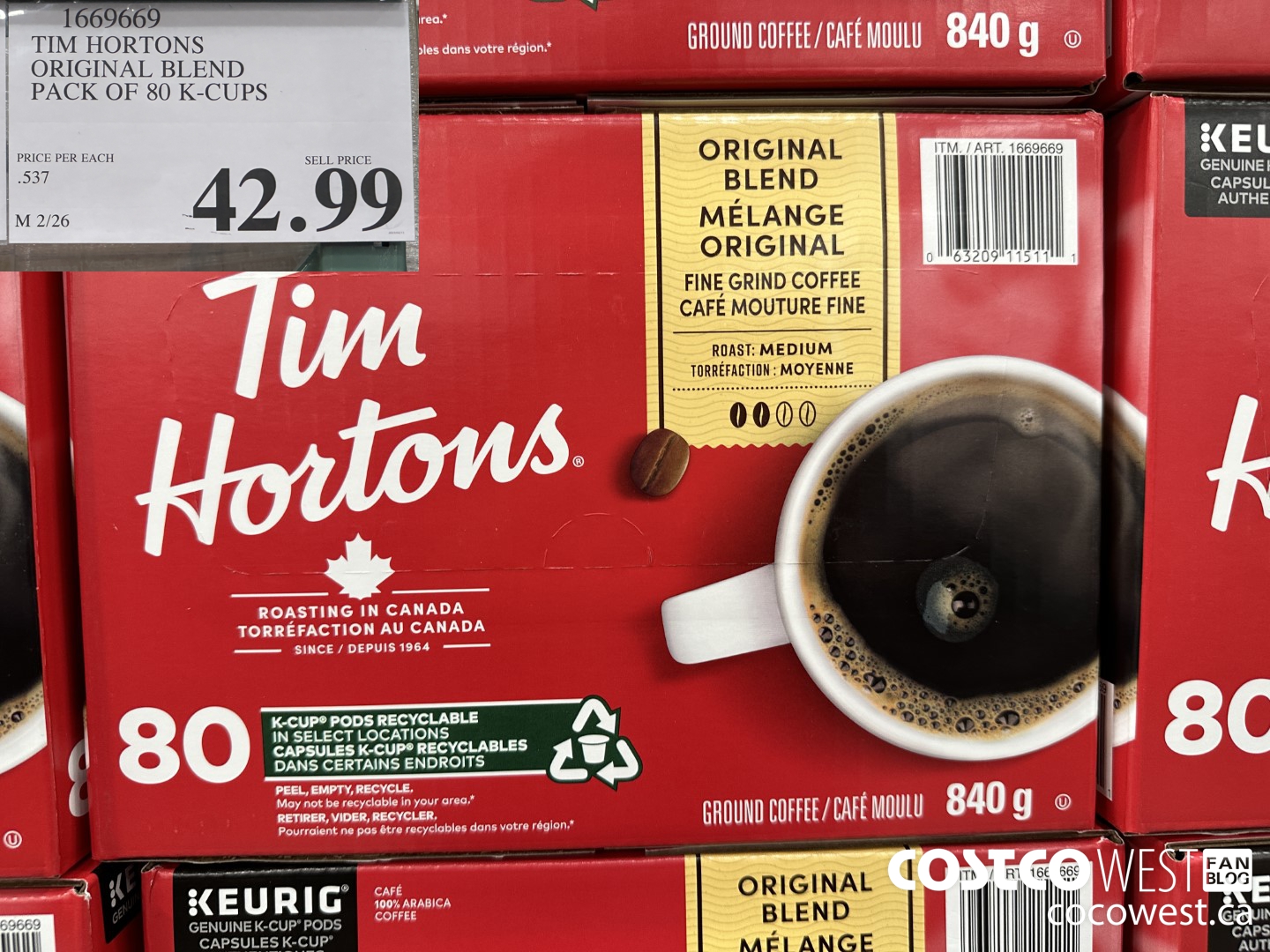 1669669 TIM HORTONS ORIGINAL BLEND K-CUPS 80 COUNT $42.99
