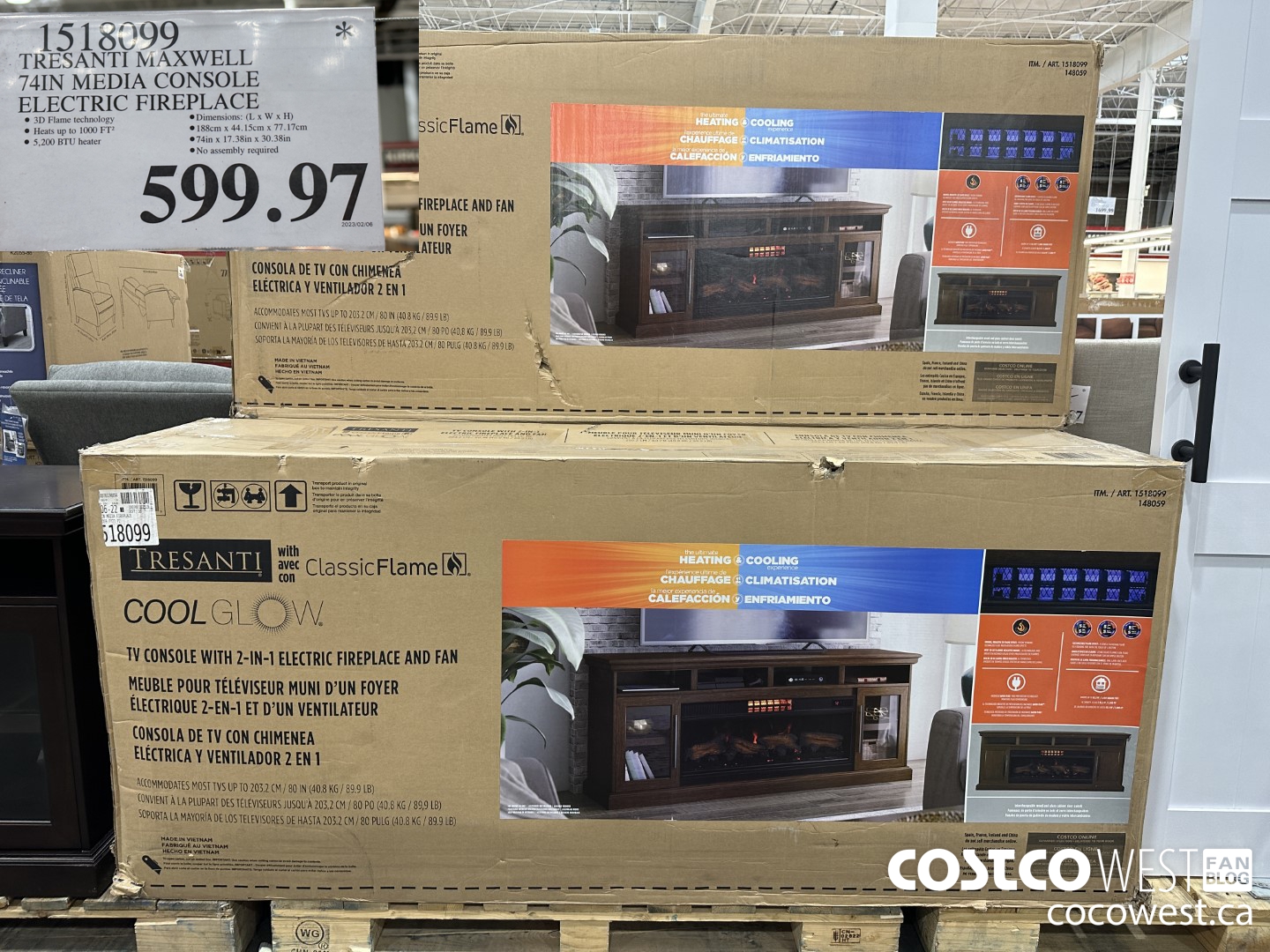 1518099 TRESANTI MAXWELL 74-IN MEDIA FIREPLACE $599.97