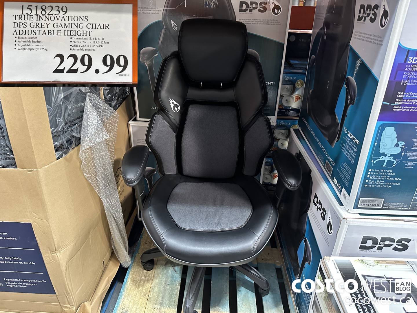 1518239 TRUE INNOVATIONS DPS GREY GAMING CHAIR ADJUSTABLE HEIGHT $229.99