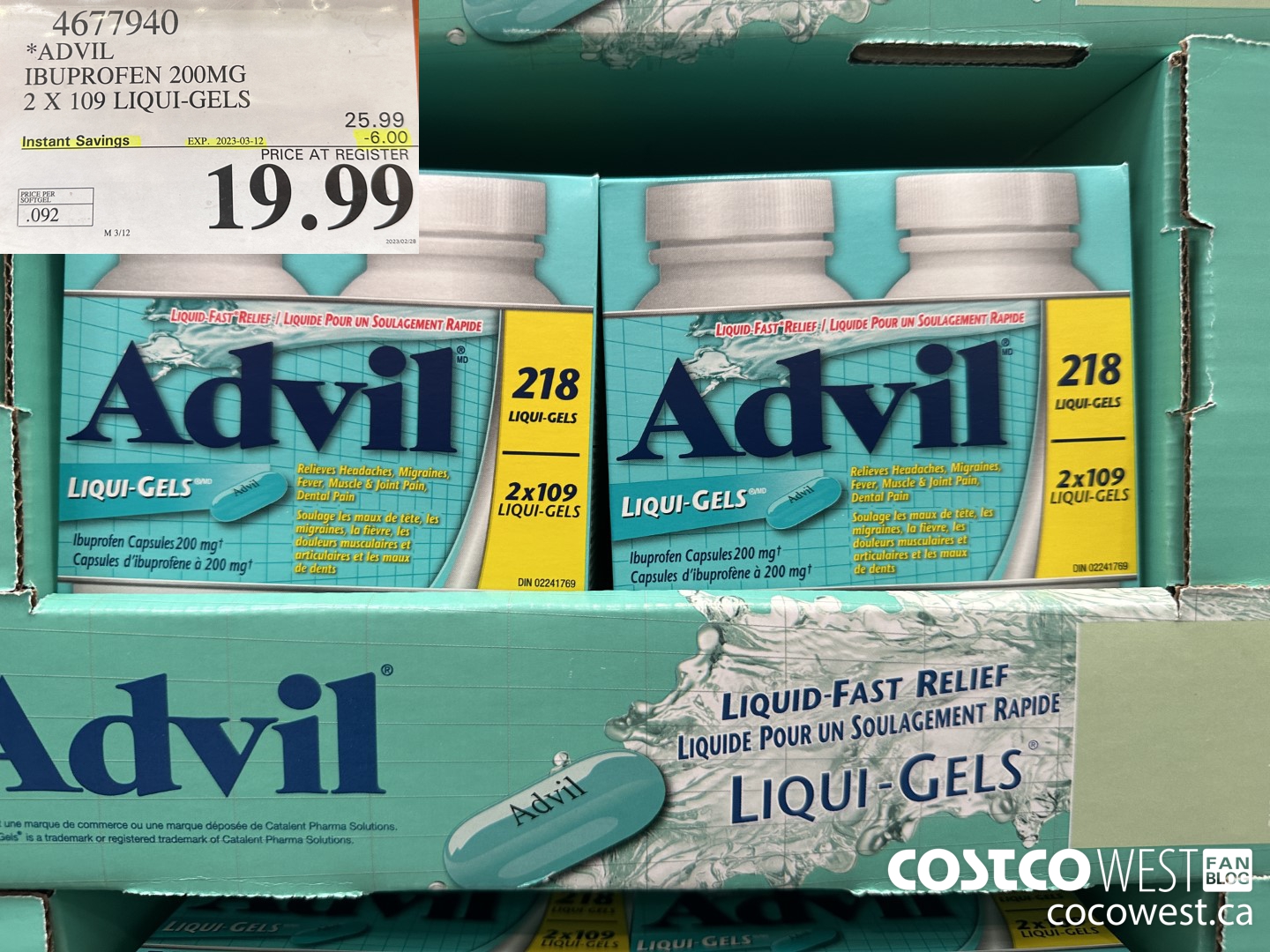 4677940 ADVIL IBUPROFEN 200MG 2 X 109 LIQUI-GELS ($6.00 INSTANT SAVINGS EXPIRES ON 2023-03-12) $19.99