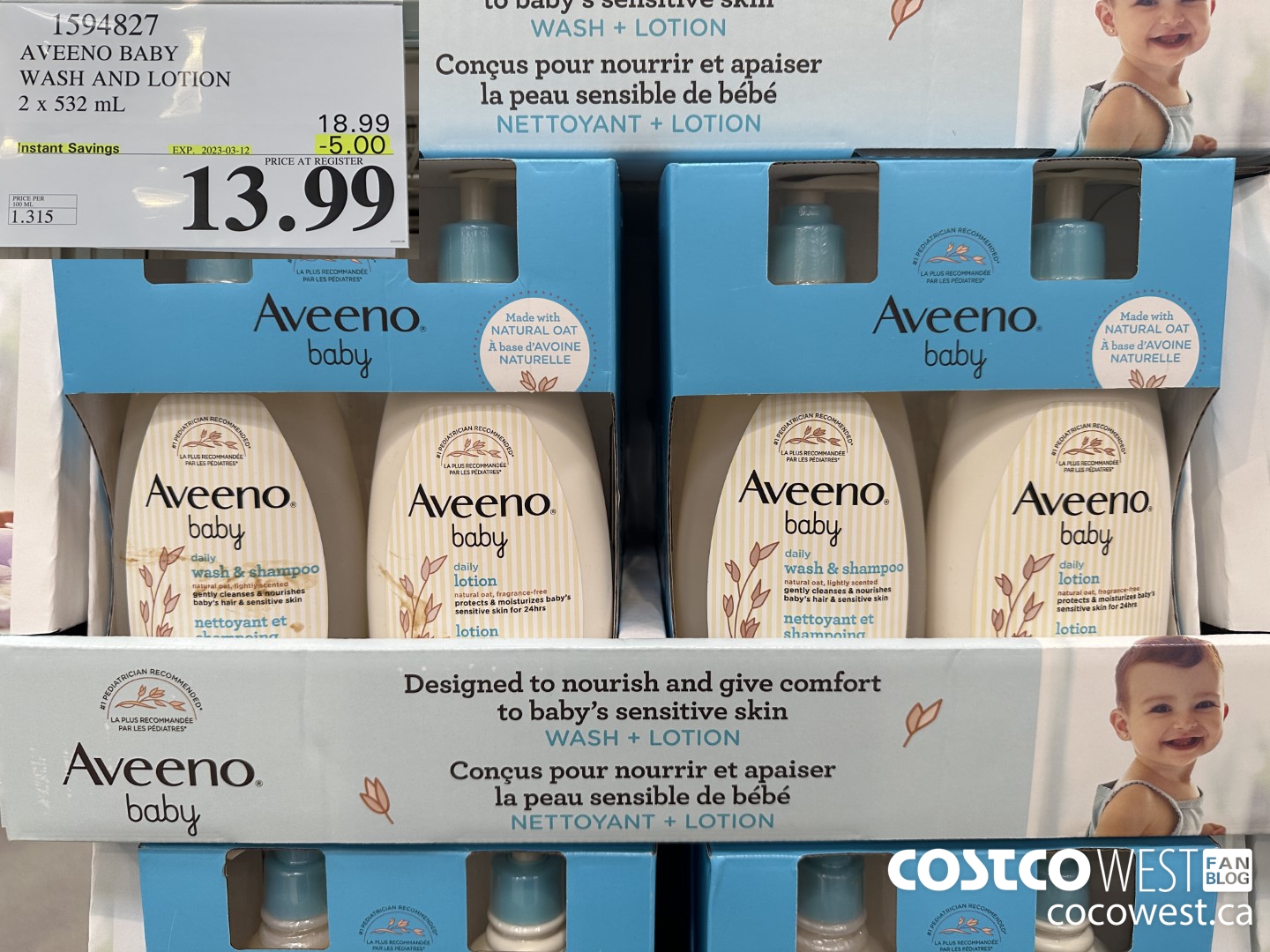 1594827 AVEENO BABY WASH AND LOTION 2 x 532 mL  ($5.00 INSTANT SAVINGS EXPIRES ON 2023-03-12) $13.99