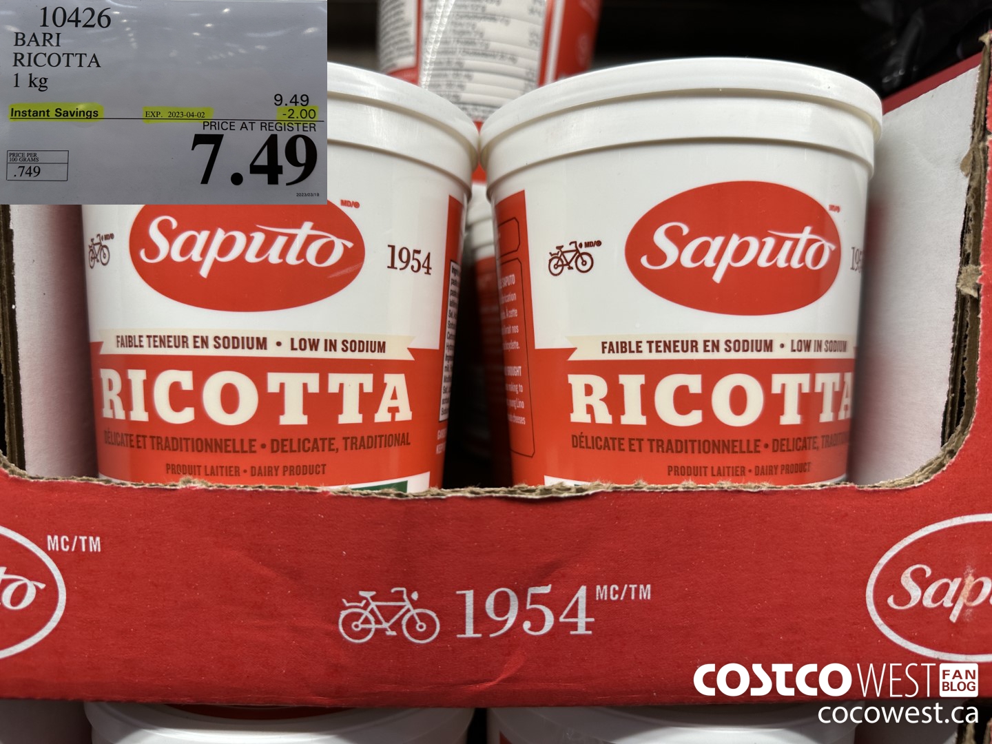 10426 BARI RICOTTA 1 kg ($2.00 INSTANT SAVINGS EXPIRES ON 2023-04-02) $7.49