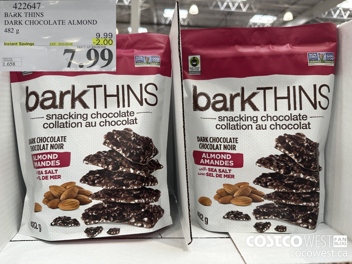 422647 BARK THINS DARK CHOCOLATE ALMOND 482 g ($2.00 INSTANT SAVINGS EXPIRES ON 2023-03-05) $7.99
