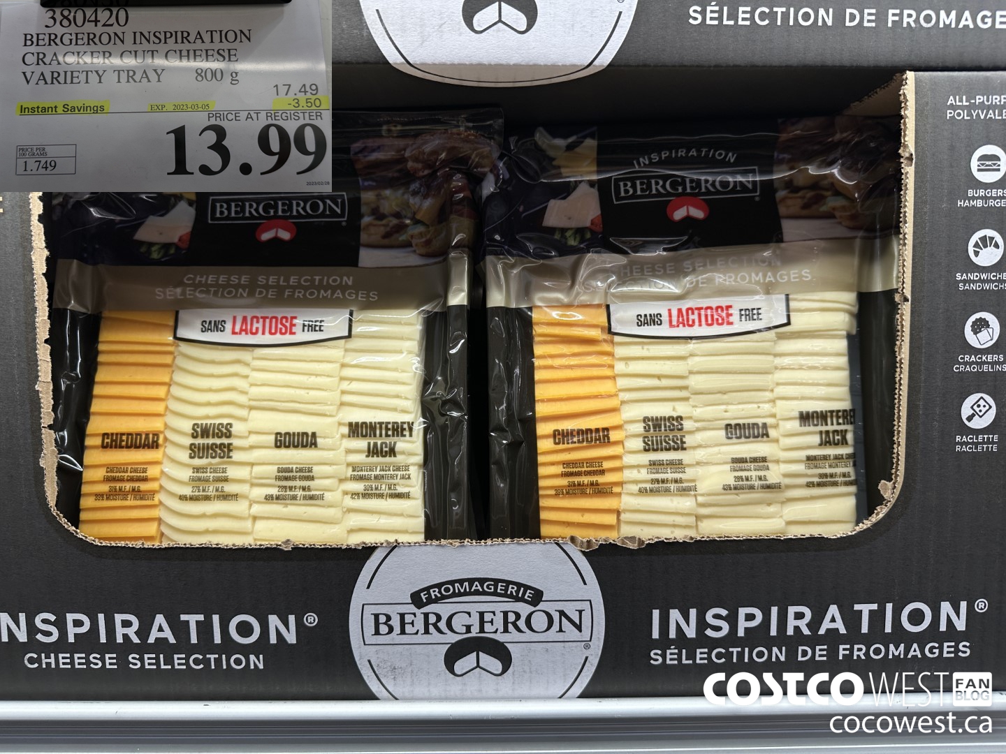 380420 BERGERON INSPIRATION CRACKER CUT CHEESE VARIETY TRAY 800g ($3.50 INSTANT SAVINGS EXPIRES ON 2023-03-05) $13.99