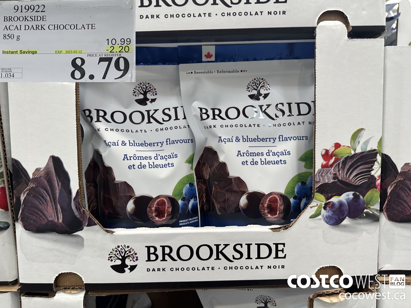 919922 BROOKSIDE ACAI DARK CHOCOLATE 850 g ($2.20 INSTANT SAVINGS EXPIRES ON 2023-03-12) $8.79