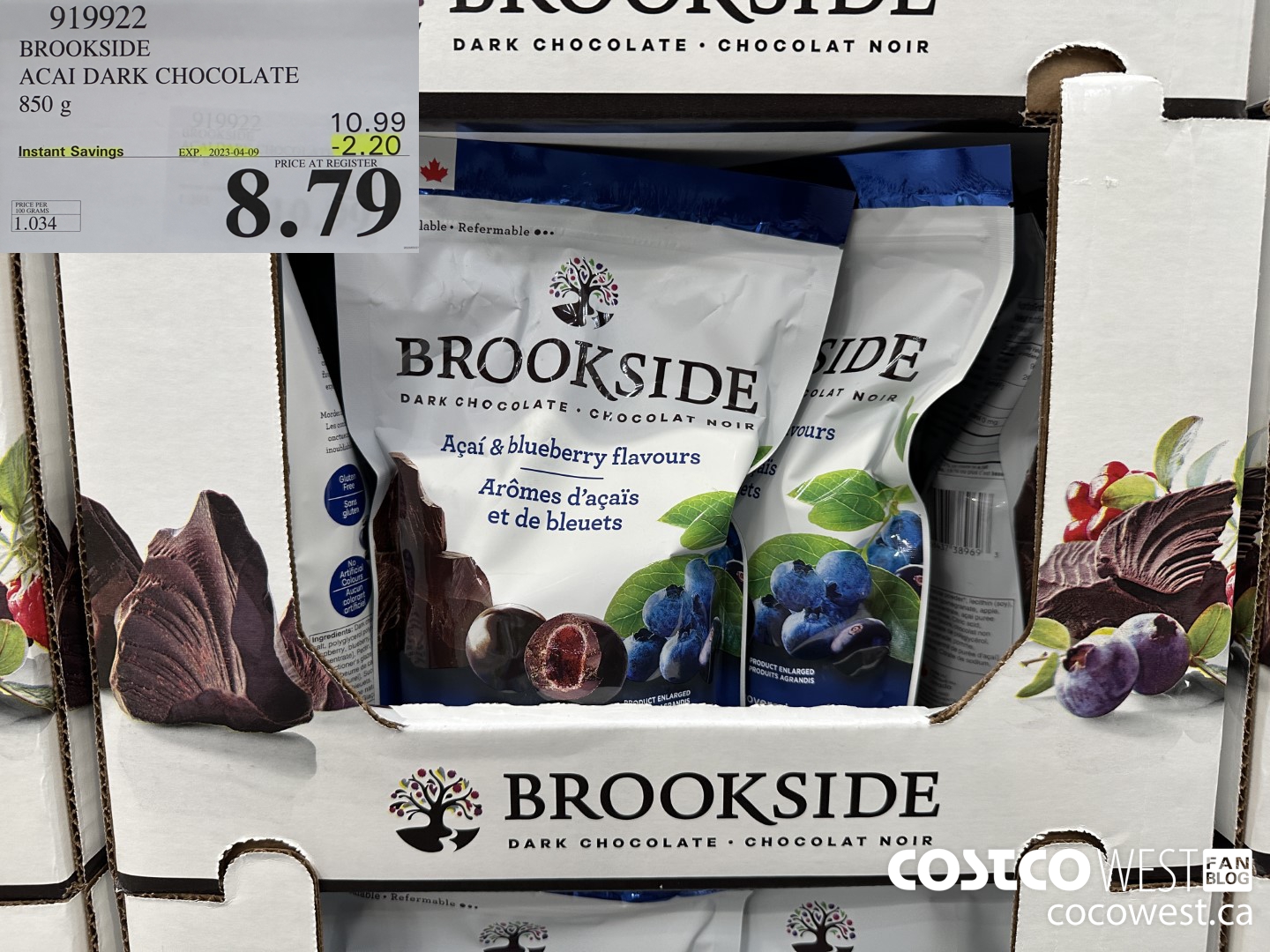 919922 BROOKSIDE ACAI DARK CHOCOLATE 850 g ($2.20 INSTANT SAVINGS EXPIRES ON 2023-04-09) $8.79