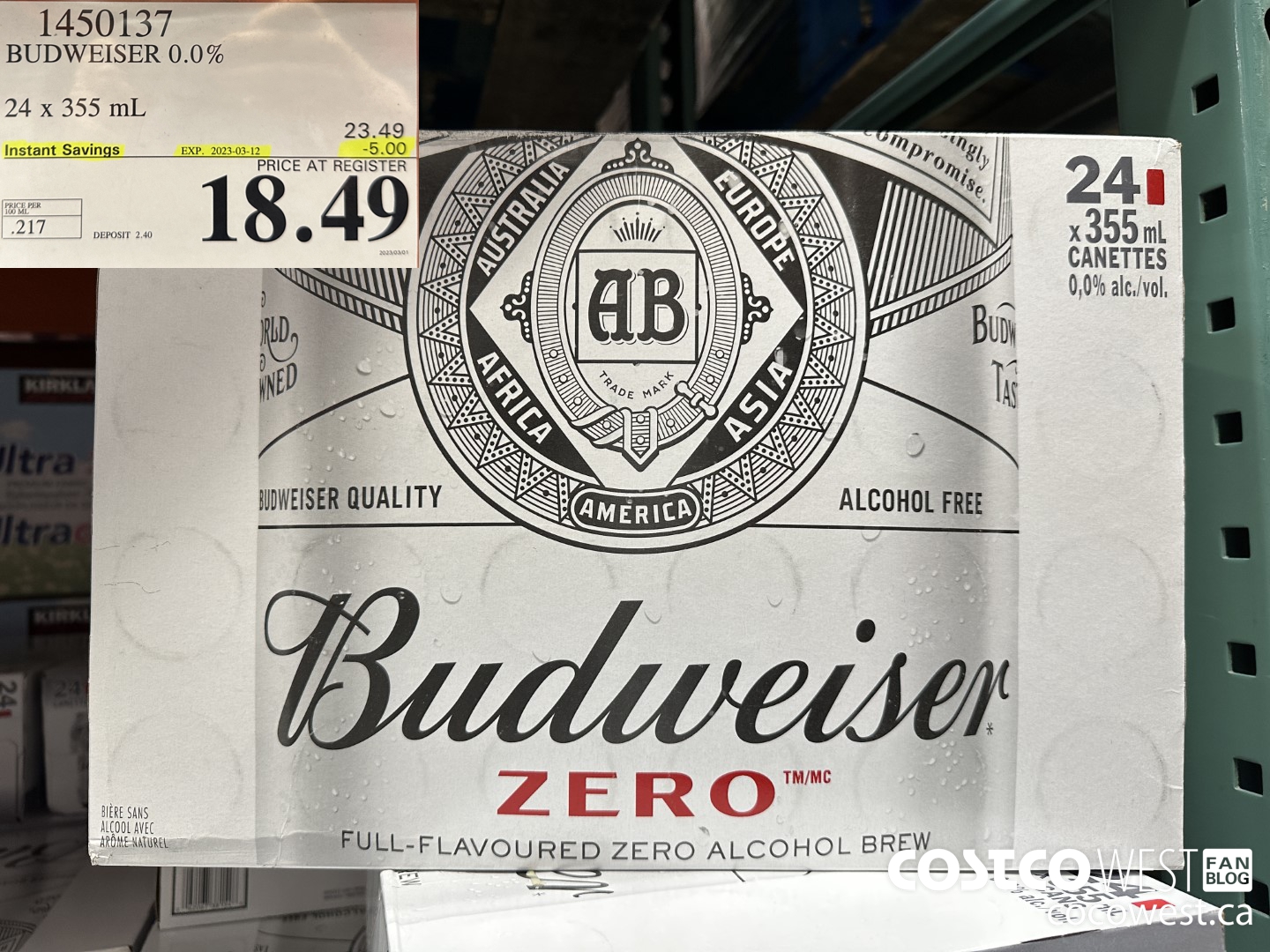 1450137 BUDWEISER 0.0% 24 x 355 mL ($5.00 INSTANT SAVINGS EXPIRES ON 2023-03-12) $18.49