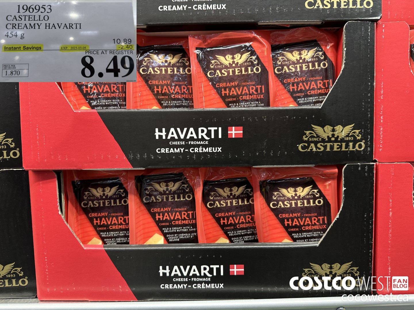 196953 CASTELLO CREAMY HAVARTI 454 g ($2.40 INSTANT SAVINGS EXPIRES ON 2023-03-05) $8.49