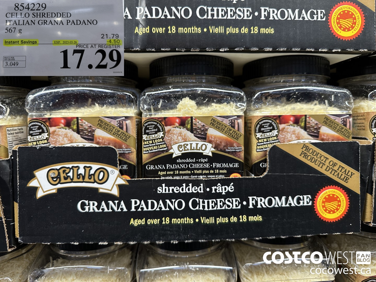 854229 CELLO SHREDDED ITALIAN GRANA PADANO 567 g ($4.50 INSTANT SAVINGS EXPIRES ON 2023-03-26) $17.29