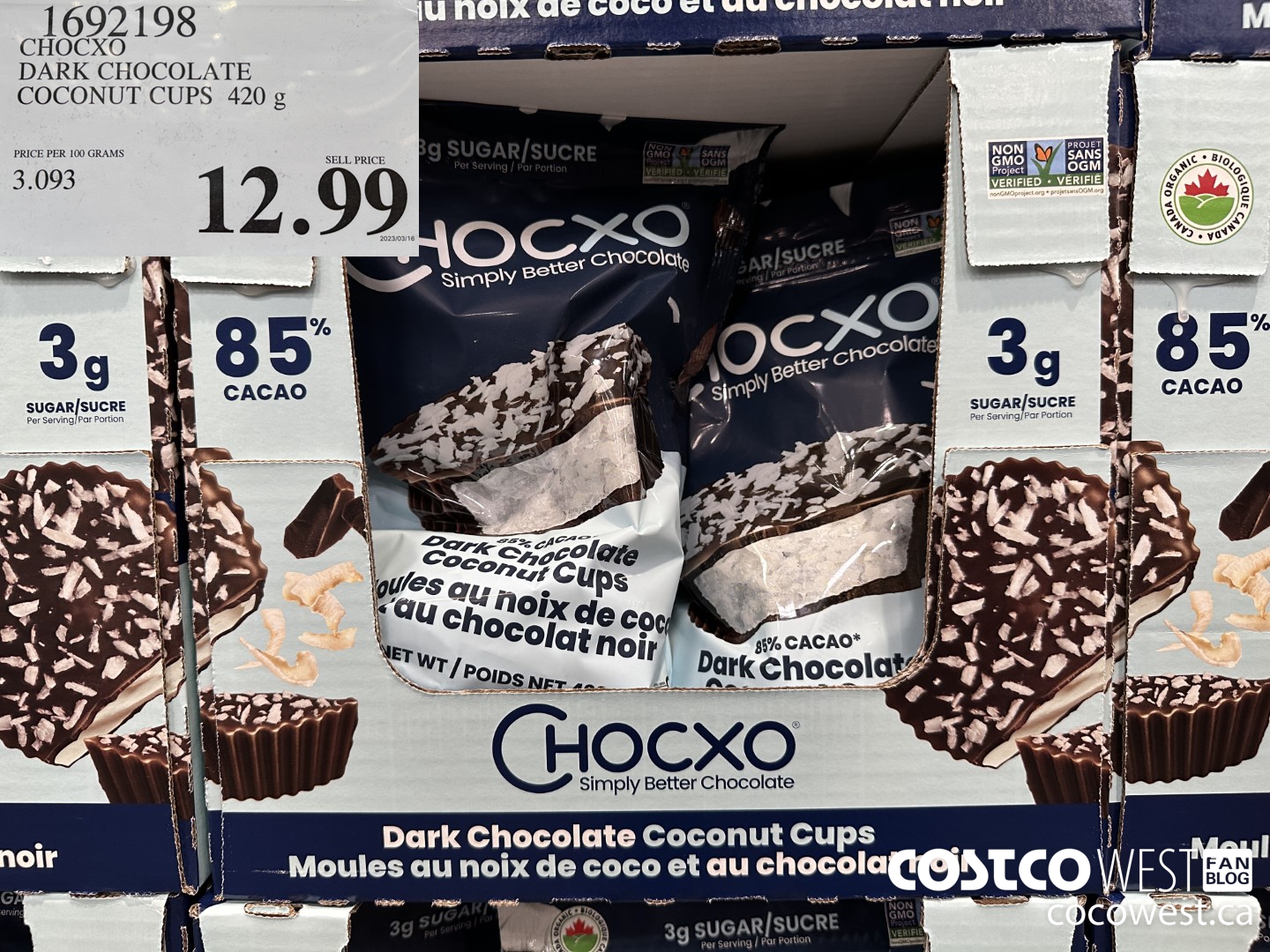 1692198 CHOCXO DARK CHOCOLATE COCONUT CUPS 420 g $12.99
