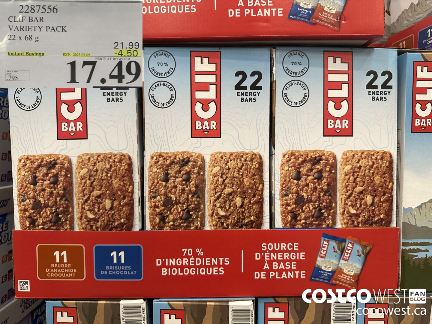 2287556 CLIF BAR VARIETY PACK 22 x 68 g ($4.50 INSTANT SAVINGS EXPIRES ON 2023-03-05) $17.49