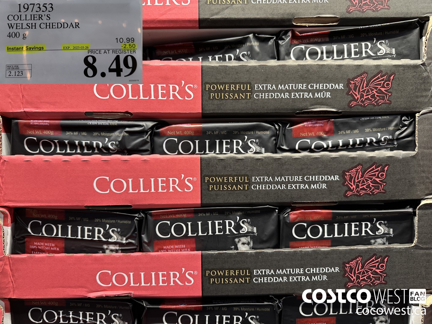 197353 COLLIER'S WELSH CHEDDAR 400 G ($2.50 INSTANT SAVINGS EXPIRES ON 2023-03-26) $8.49