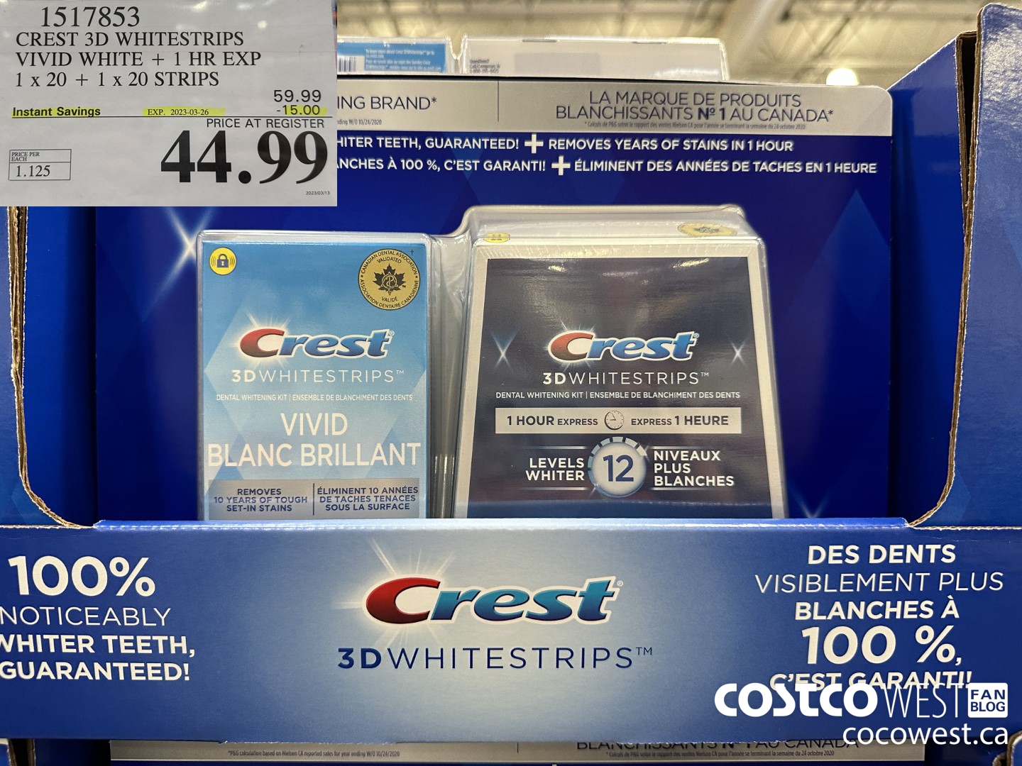 1517853 CREST 3D WHITESTRIPS VIVID WHITE + 1 HR EXP 1 x 20 + 1 x 20 STRIPS ($15.00 INSTANT SAVINGS EXPIRES ON 2023-03-26) $44.99