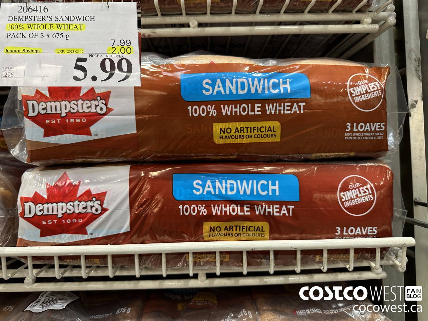 206416 DEMPSTER'S SANDWICH 100% WHOLE WHEAT PACK OF 3 x 675 g ($2.00 INSTANT SAVINGS EXPIRES ON 2023-03-12) $5.99