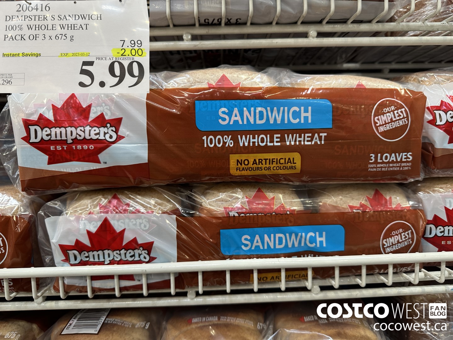 206416 DEMPSTER'S SANDWICH 100% WHOLE WHEAT PACK OF 3 x 675 g ($2.00 INSTANT SAVINGS EXPIRES ON 2023-03-12) $5.99