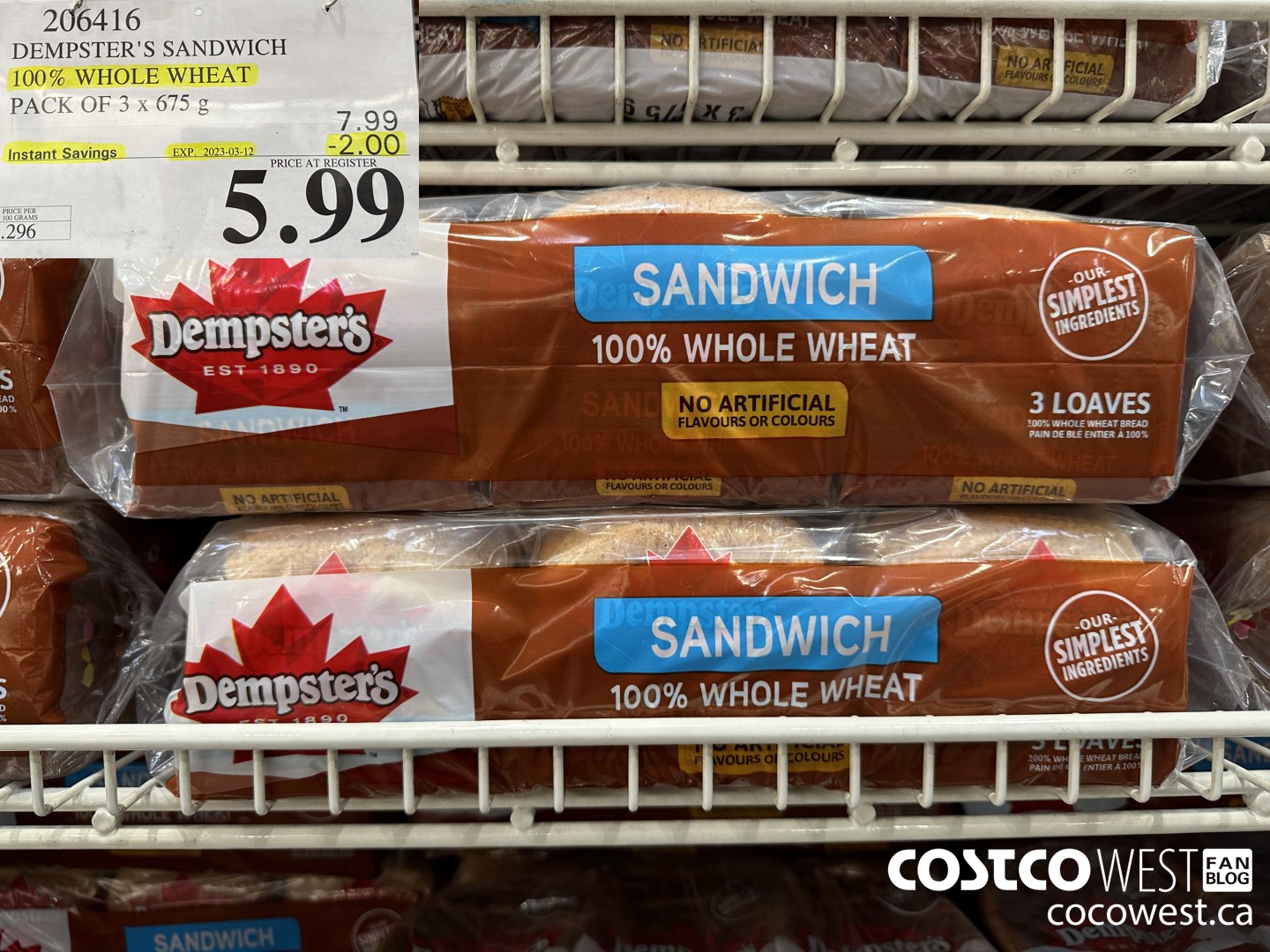 206416 DEMPSTER'S SANDWICH 100% WHOLE WHEAT PACK OF 3 x 675 g ($2.00 INSTANT SAVINGS EXPIRES ON 2023-03-12) $5.99