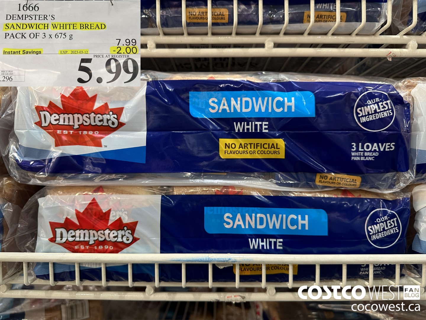1666 DEMPSTER'S SANDWICH WHITE BREAD PACK OF 3 x 675 g ($2.00 INSTANT SAVINGS EXPIRES ON 2023-03-12) $5.99