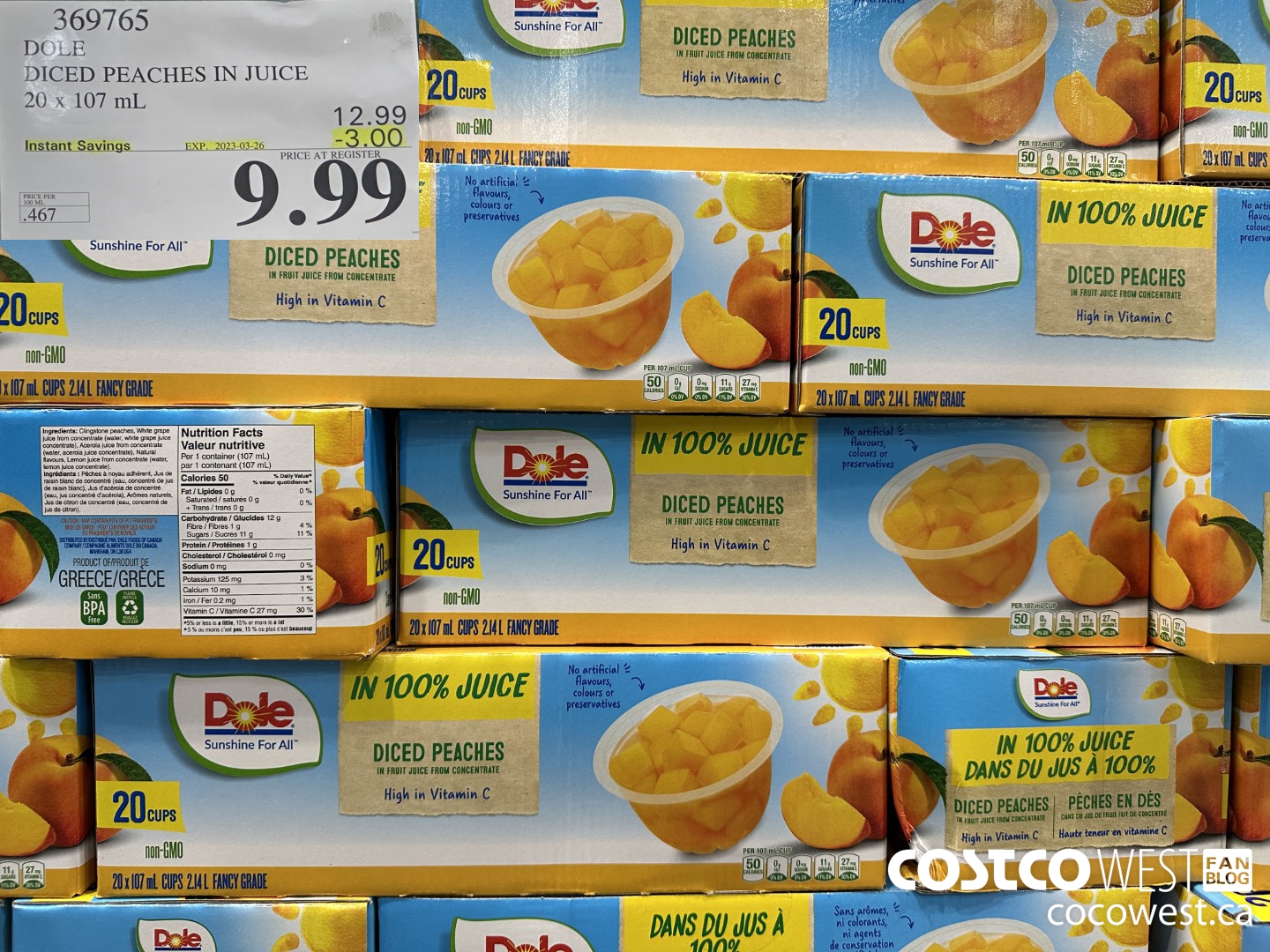 369765 DOLE DICED PEACHES IN JUICE 20 X 107ML ($3.00 INSTANT SAVINGS EXPIRES ON 2023-03-26) $9.99