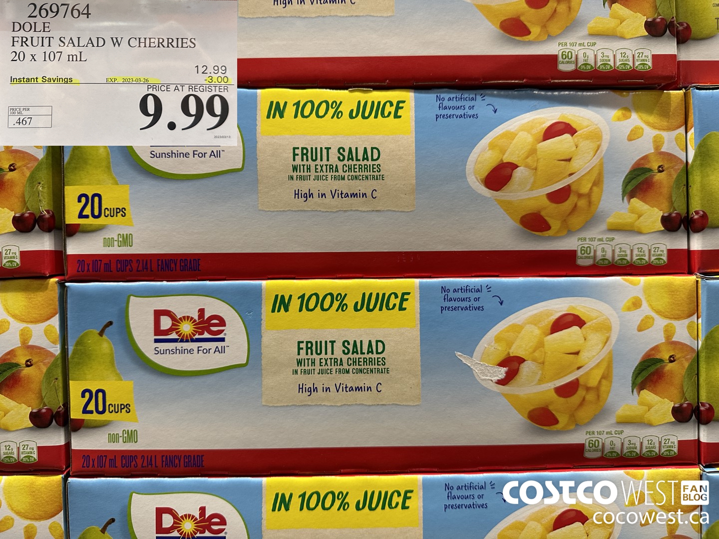 269764 DOLE FRUIT SALAD W CHERRIES 20 x 107 mL ($3.00 INSTANT SAVINGS EXPIRES ON 2023-03-26) $9.99