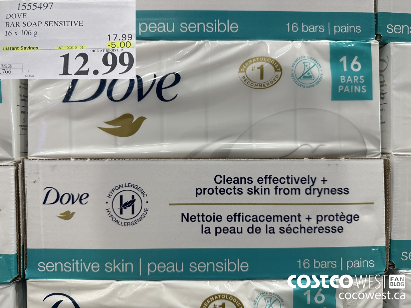 1555497 DOVE BAR SOAP SENSITIVE SKIN 16 x 106 g ($5.00 INSTANT SAVINGS EXPIRES ON 2023-04-02) $12.99