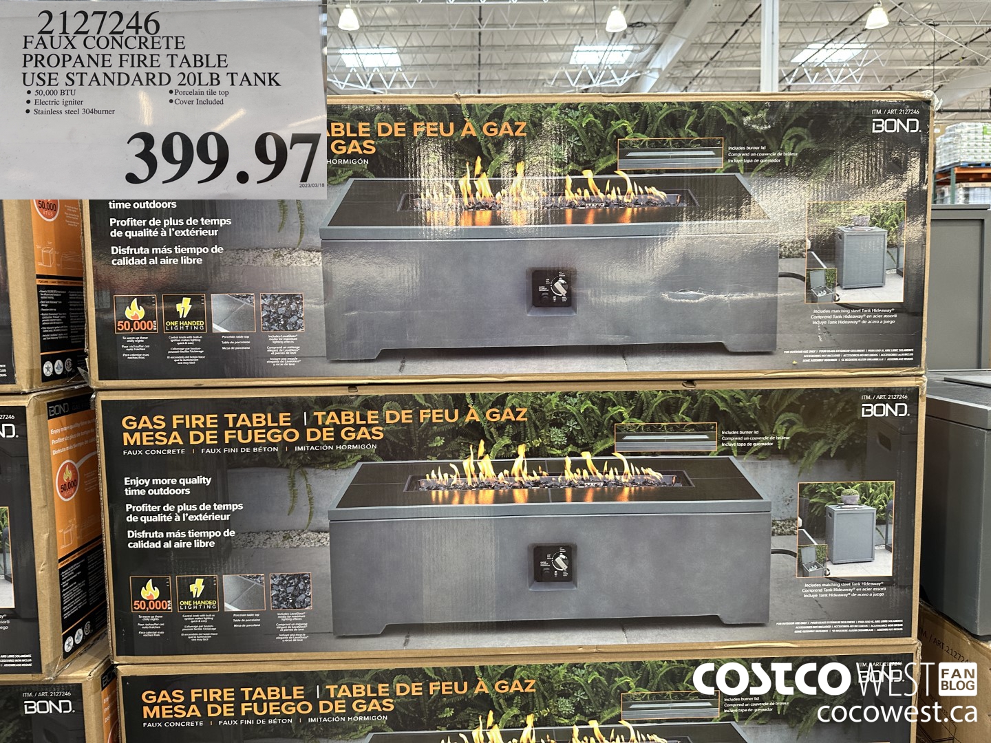 2127246 FIRE TABLE FAUX CONCRETE WITH TANK HIDEAWAY $399.97