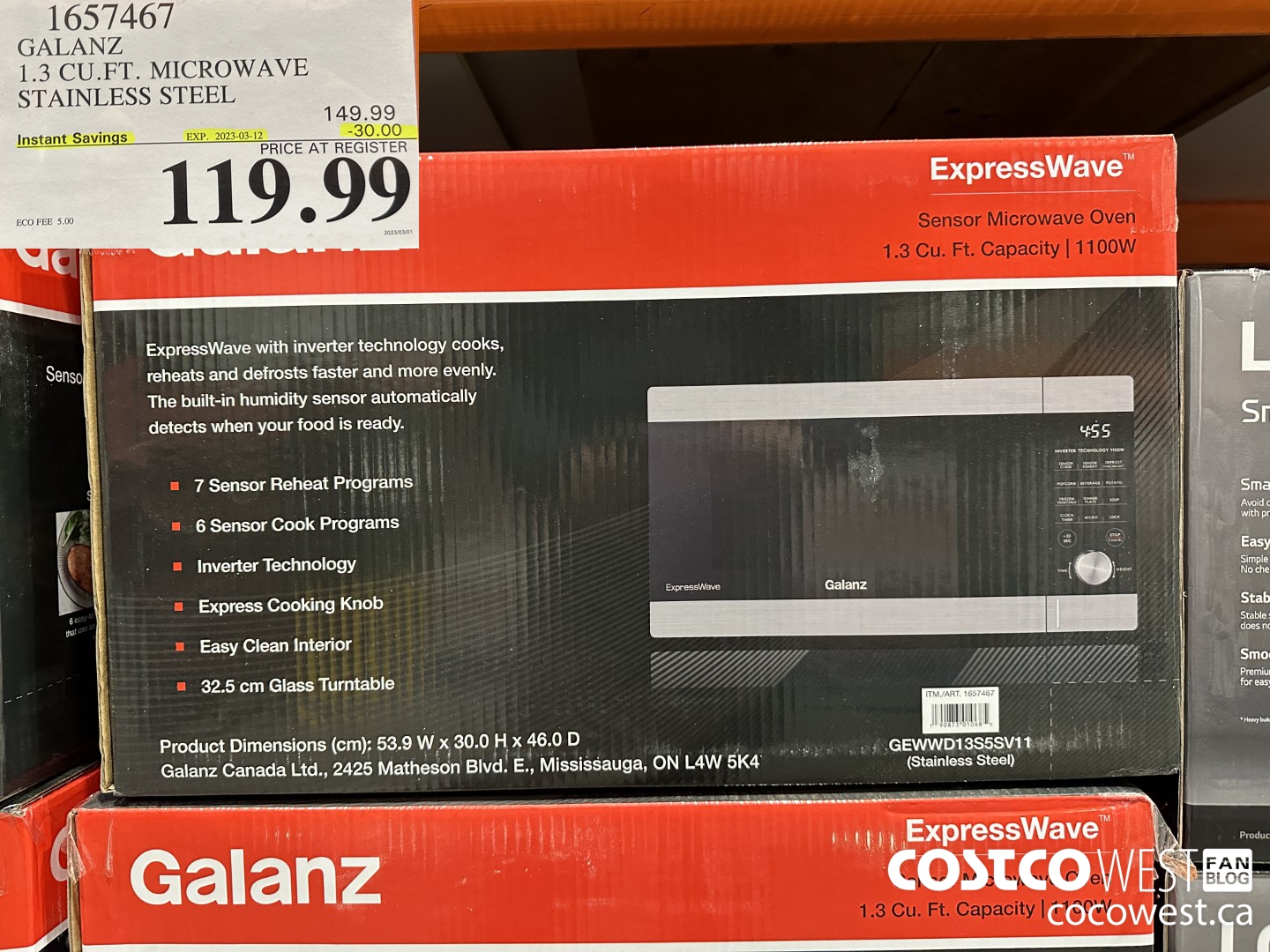 1657467 GALANZ 1.3 CU. FT MICROWAVE STAINLESS STEEL ($30.00 INSTANT SAVINGS EXPIRES ON 2023-03-12) $119.99
