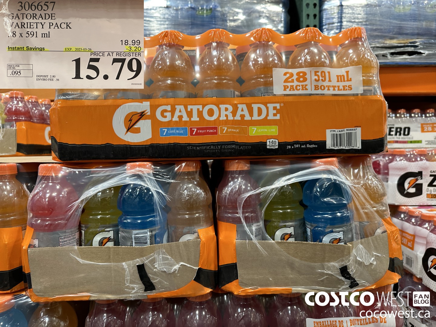306657 GATORADE VARIETY PACK 28 x 591 ml ($3.20 INSTANT SAVINGS EXPIRES ON 2023-03-26) $15.79