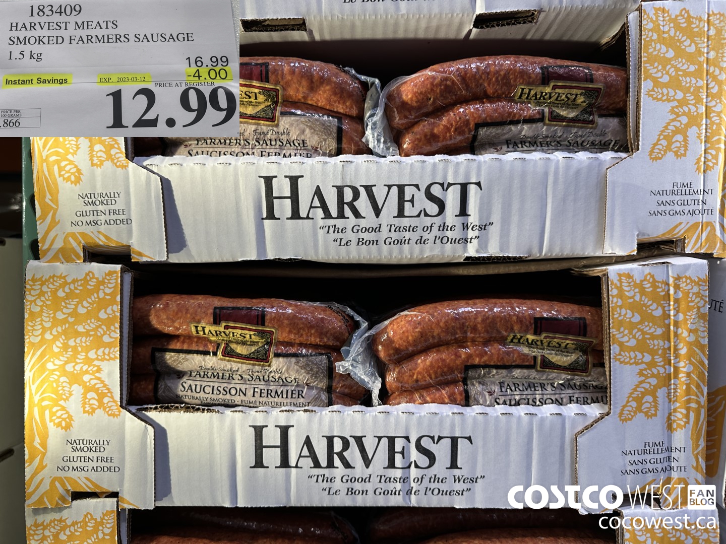 183409 HARVEST MEATS SMOKED FARMERS SAUSAGE 1.5 kg ($4.00 INSTANT SAVINGS EXPIRES ON 2023-03-12) $12.99