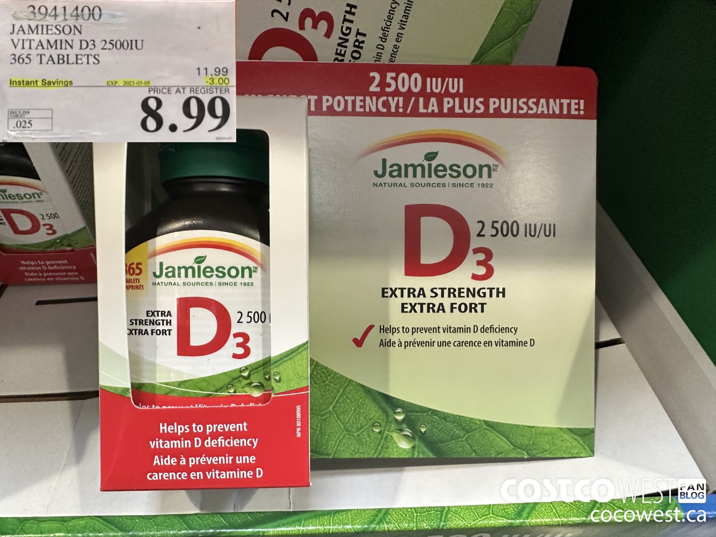 3941400 JAMIESON VITAMIN D3 2500IU 365 TABLETS ($3.00 INSTANT SAVINGS EXPIRES ON 2023-03-05) $8.99