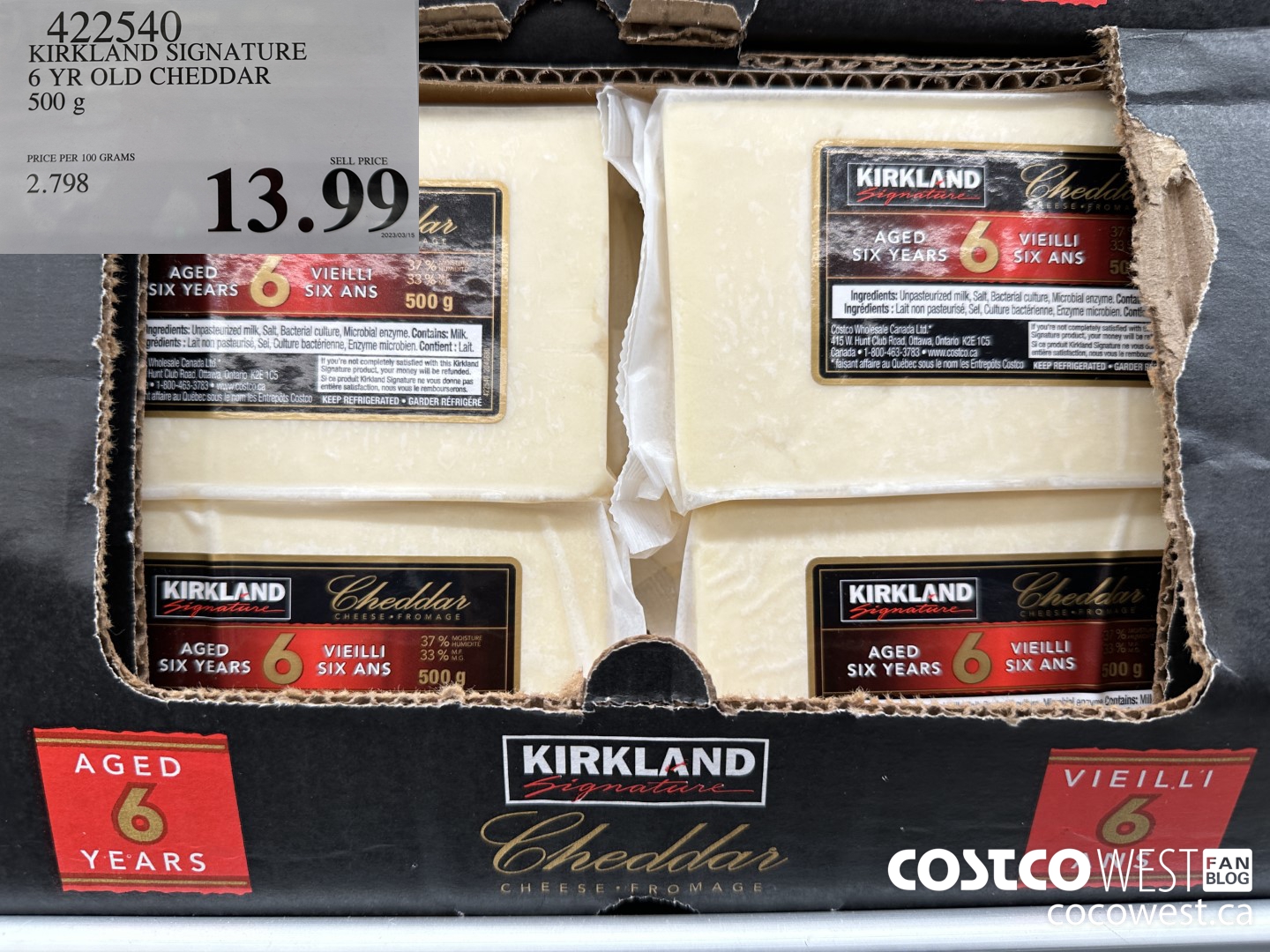 422540 KIRKLAND SIGNATURE 6 YR OLD CHEDDAR 500 g $13.99