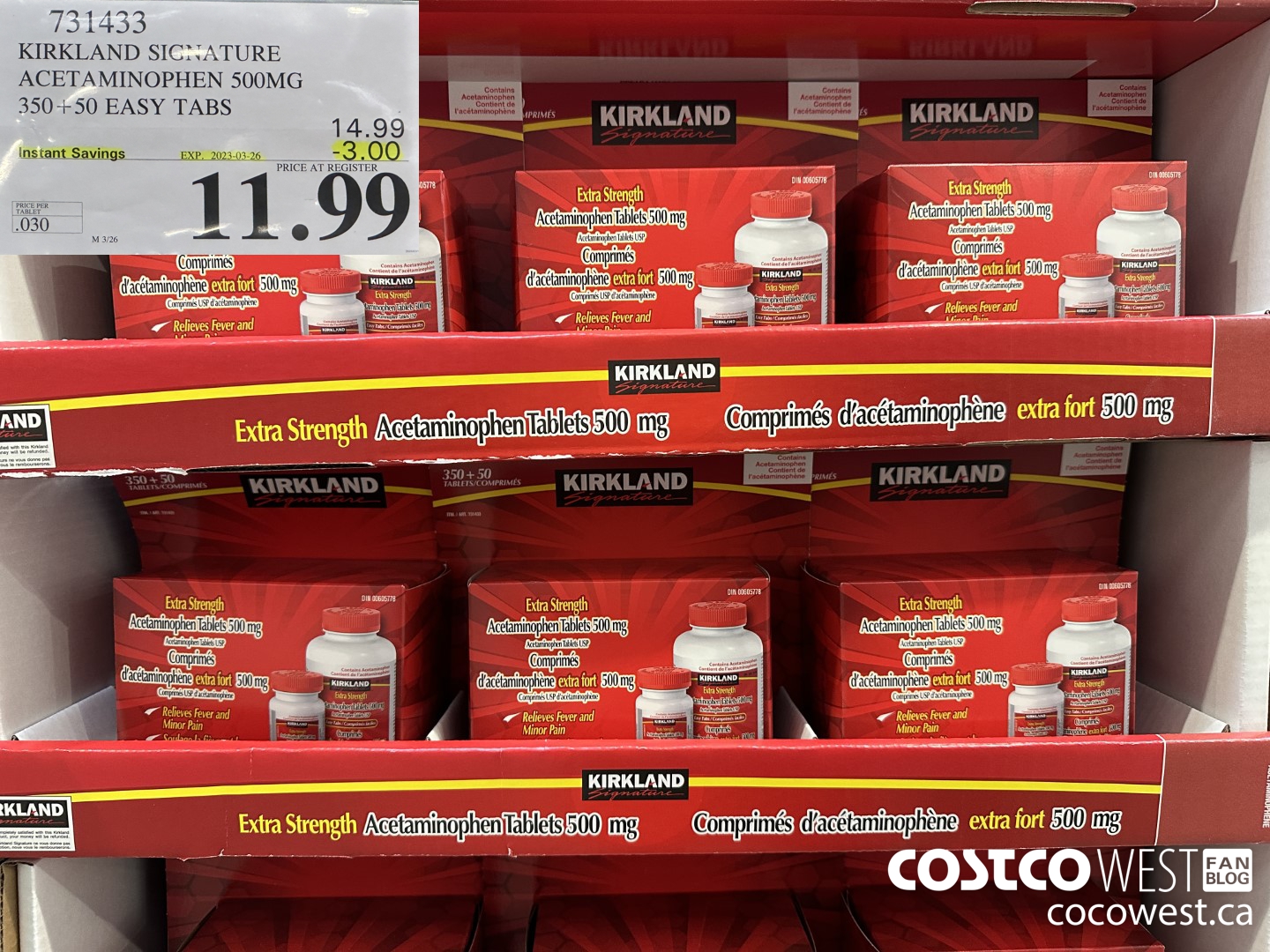 731433 KIRKLAND SIGNATURE ACETAMINOPHEN 500MG 350 + 50 EASY TABLETS ($3.00 INSTANT SAVINGS EXPIRES ON 2023-03-26) $11.99