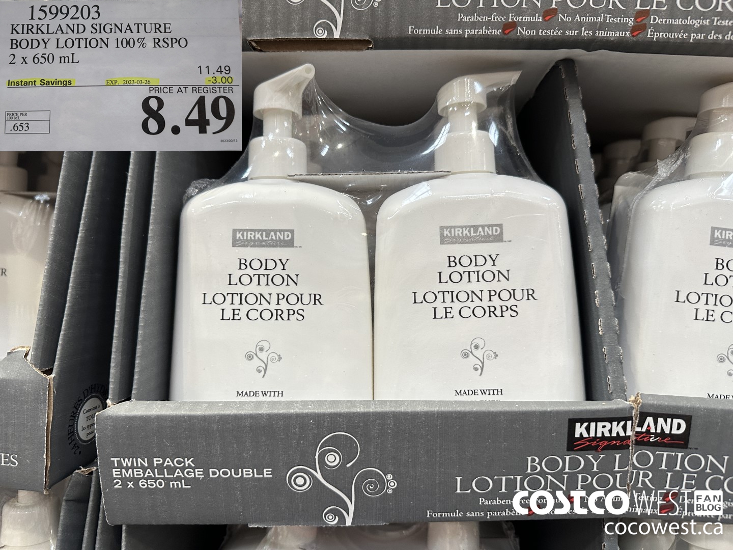 1599203 KIRKLAND SIGNATURE BODY LOTION 100% RSPO 2 X 650 ML ($3.00 INSTANT SAVINGS EXPIRES ON 2023-03-26) $8.49