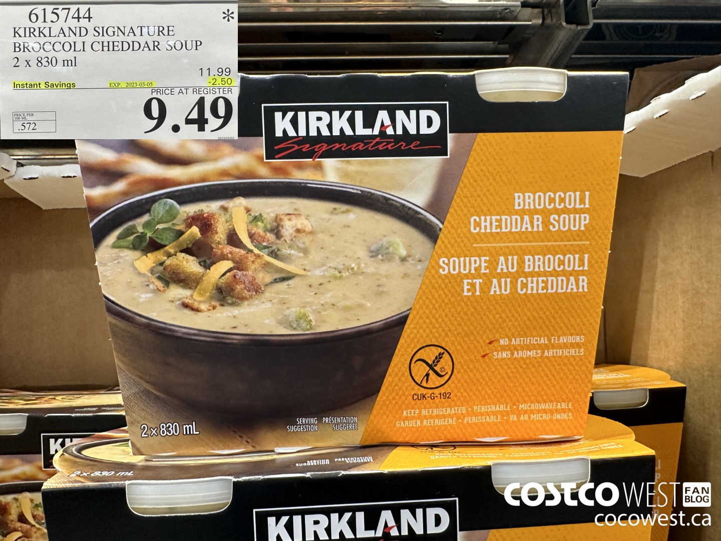 615744 KIRKLAND SIGNATURE BROCCOLI CHEDDAR SOUP 2 X 830ML ($2.50 INSTANT SAVINGS EXPIRES ON 2023-03-05) $9.49