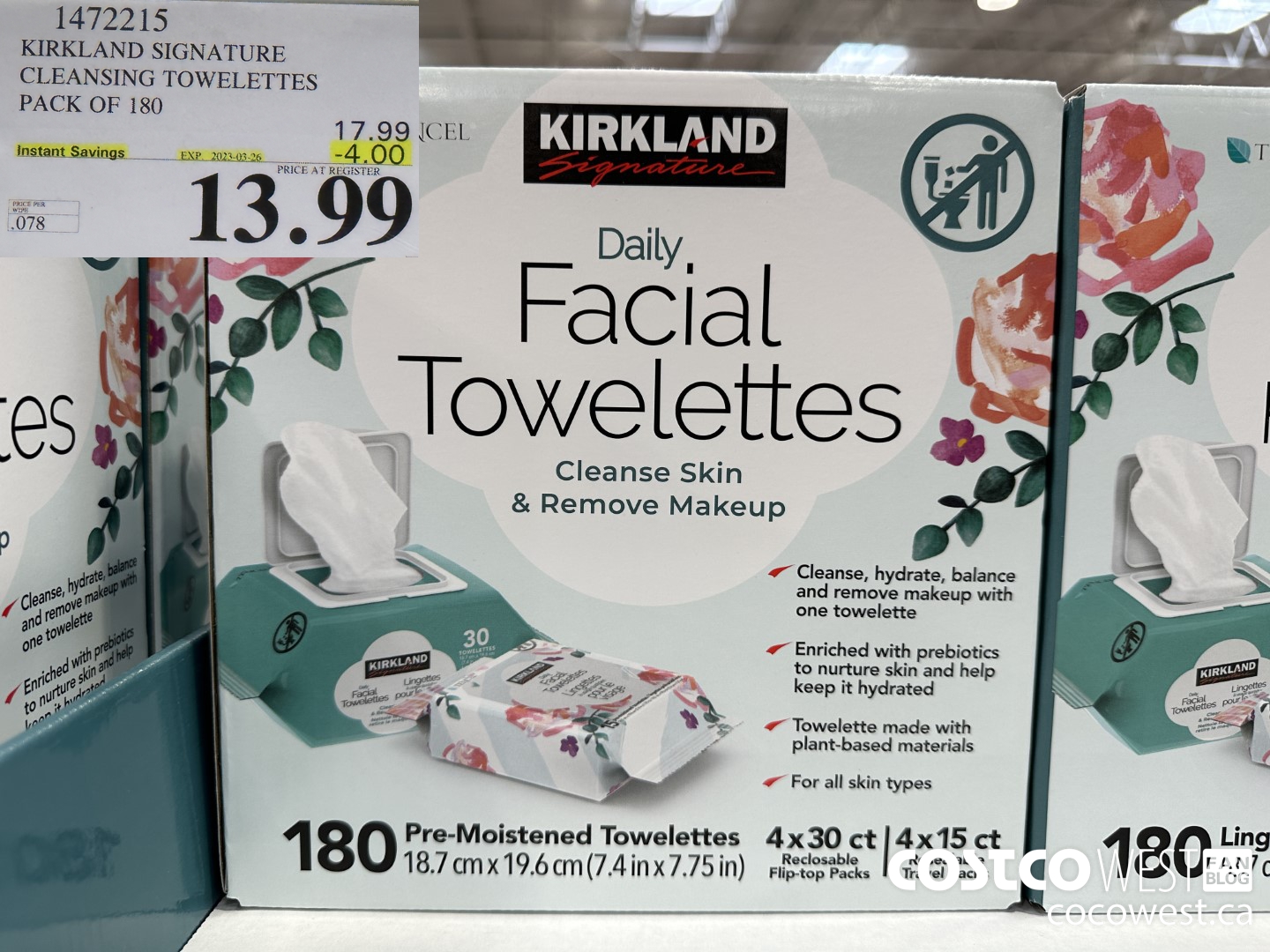 1472215 KIRKLAND SIGNATURE CLEANSING TOWELETTES PACK OF 180  ($4.00 INSTANT SAVINGS EXPIRES ON 2023-03-26) $13.99