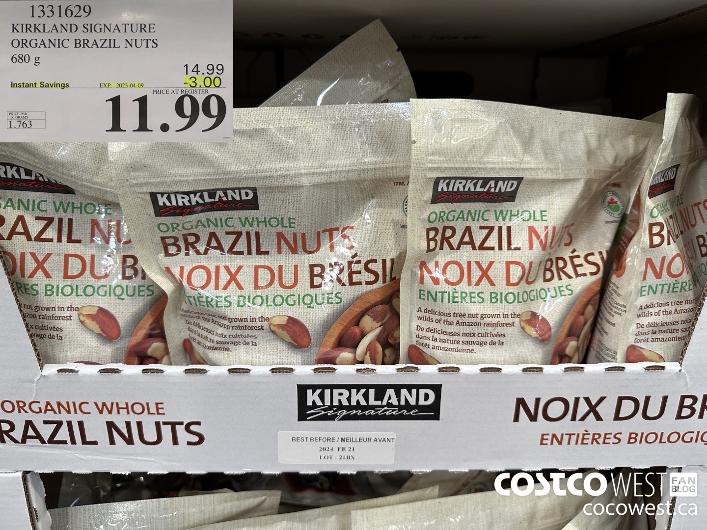 1331629 KIRKLAND SIGNATURE ORGANIC BRAZIL NUTS 680 g ($3.00 INSTANT SAVINGS EXPIRES ON 2023-04-09) $11.99