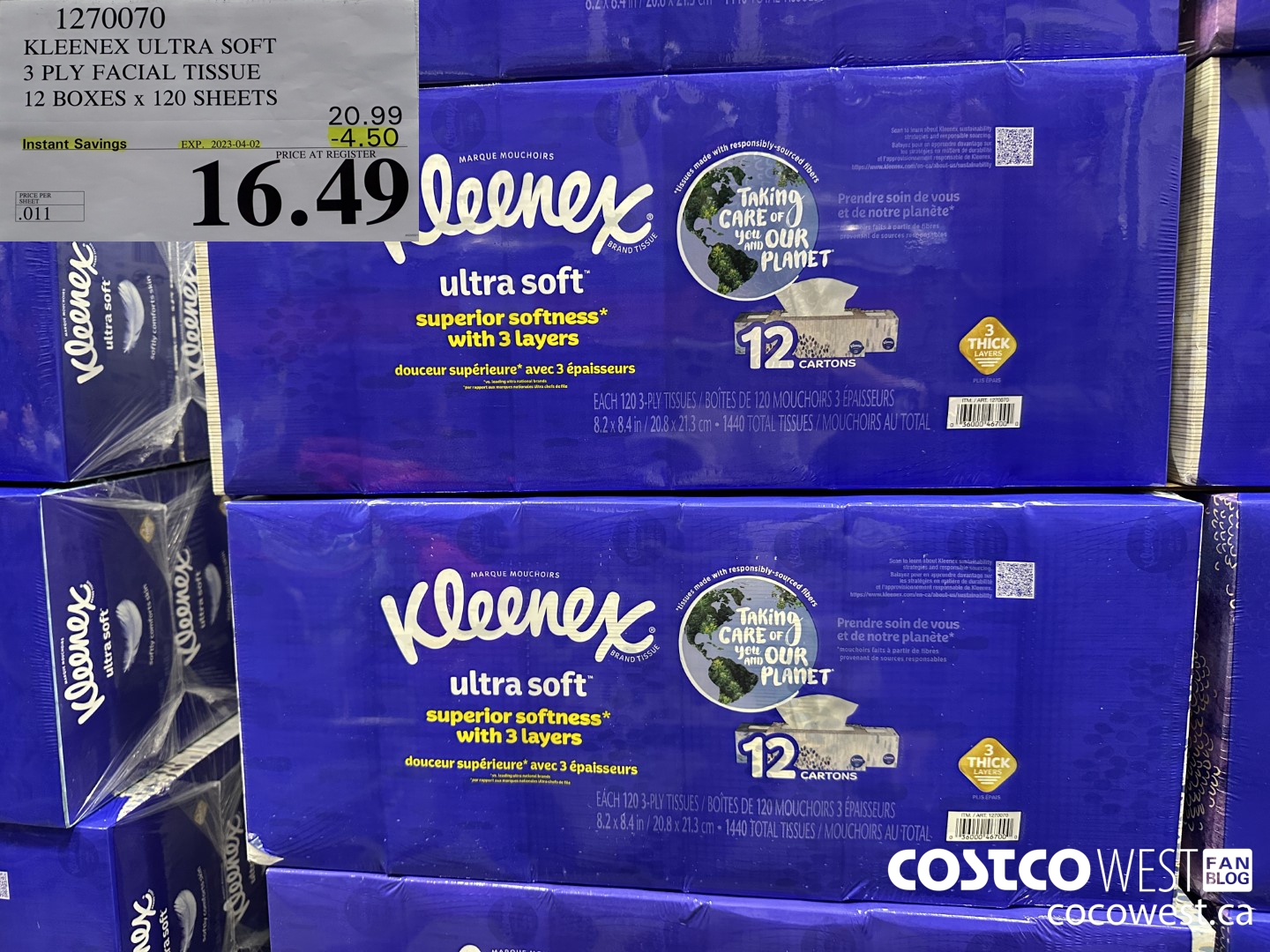 1270070 KLEENEX ULTRA SOFT 3 PLY FACIAL TISSUE 12 BOXES x 120 SHEETS ($4.50 INSTANT SAVINGS EXPIRES ON 2023-04-02) $16.49