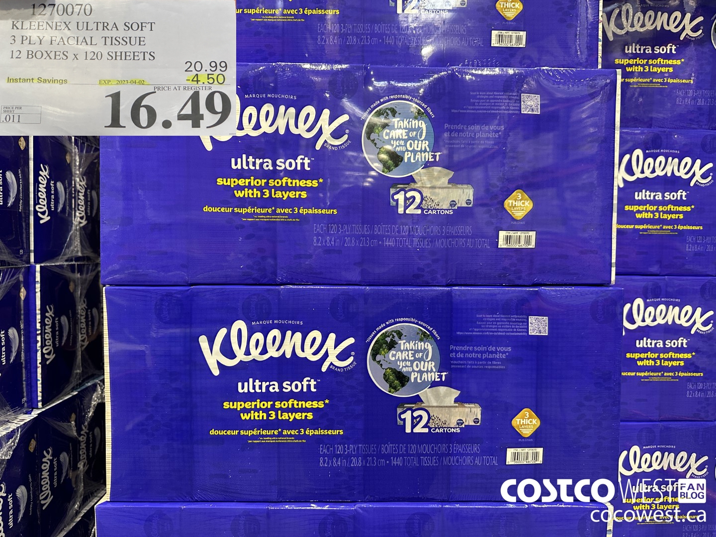 1270070 KLEENEX ULTRA SOFT 3 PLY FACIAL TISSUE 12 BOXES x 120 SHEETS ($4.50 INSTANT SAVINGS EXPIRES ON 2023-04-02) $16.49