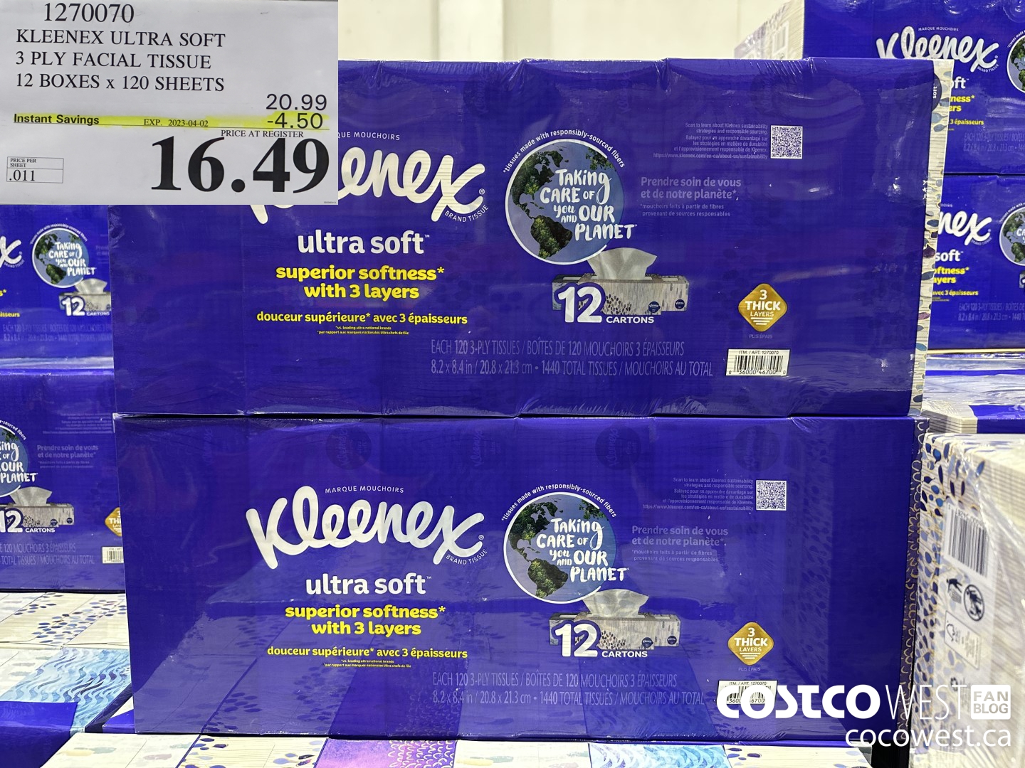1270070 KLEENEX ULTRA SOFT 3 PLY FACIAL TISSUE 12 BOXES x 120 SHEETS ($4.50 INSTANT SAVINGS EXPIRES ON 2023-04-02) $16.49