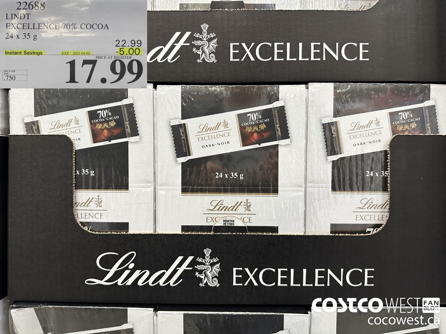 22688 LINDT EXCELLENCE 70% COCOA 24 x 35 g ($5.00 INSTANT SAVINGS EXPIRES ON 2023-04-02) $17.99