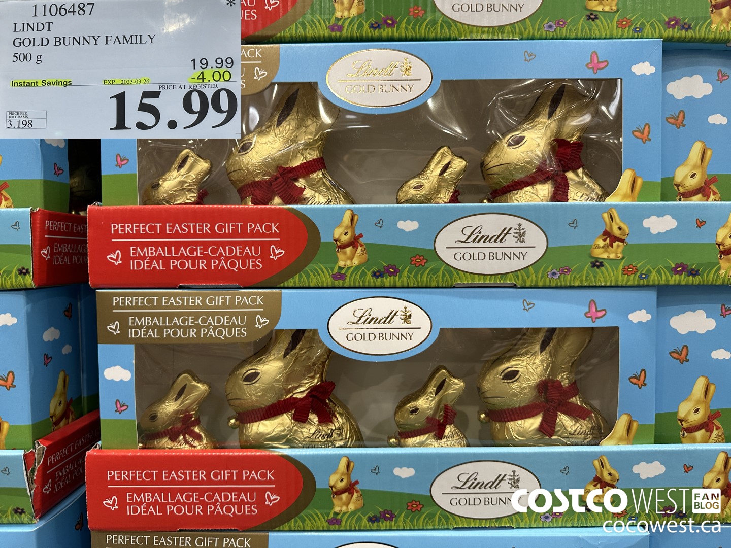 1106487 LINDT GOLD BUNNY FAMILY 500 G ($4.00 INSTANT SAVINGS EXPIRES ON 2023-03-26) $15.99