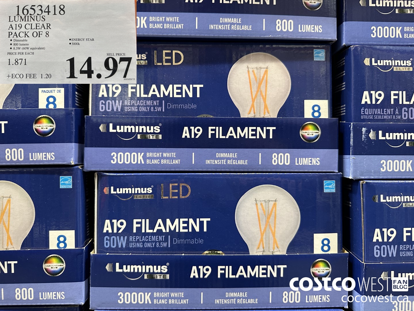 1653418 LUMINUS A19 CLEAR PACK OF 8 $14.97