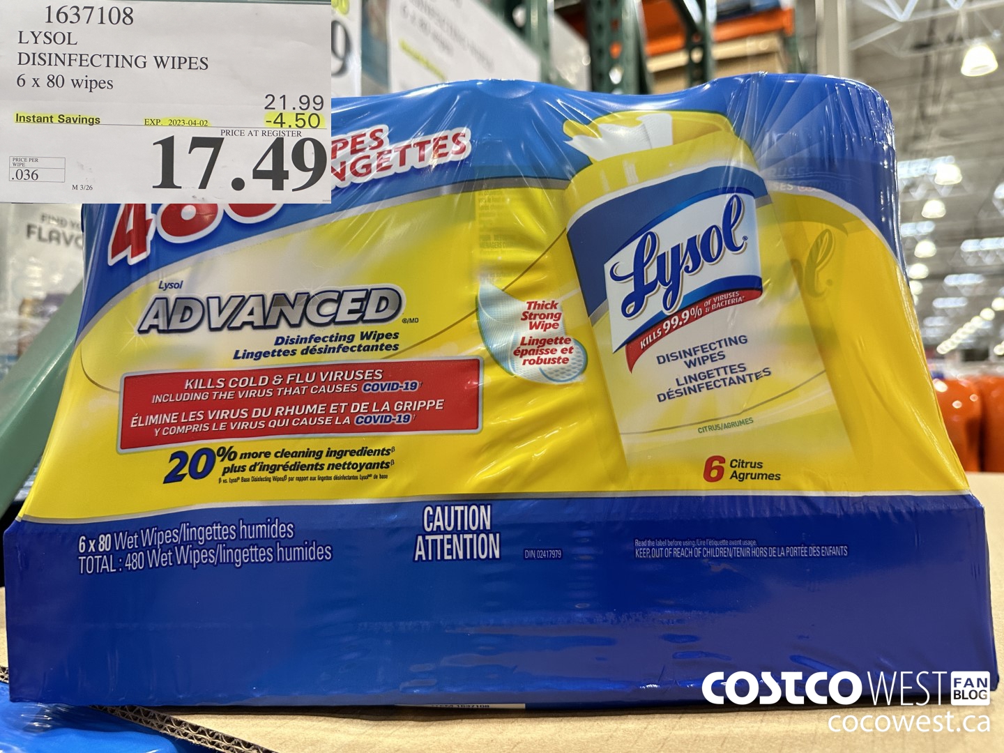1637108 LYSOL DISINFECTING WIPES 6 X 80 WIPES ($4.50 INSTANT SAVINGS EXPIRES ON 2023-04-02) $17.49